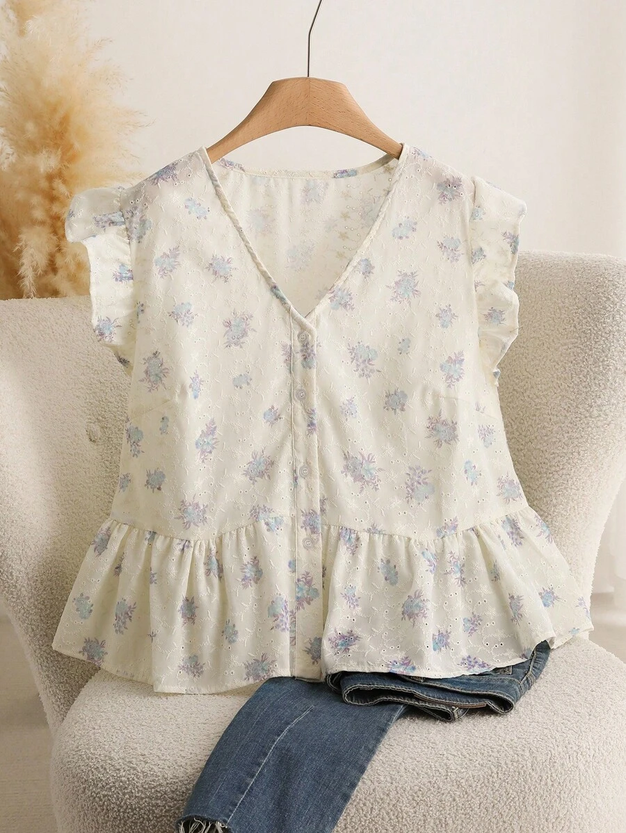 CosyJoli 大码夏季休闲百搭刺绣荷叶边粉色女衬衫