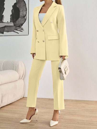 EURMUSE Damski jednokolorowy komplet garniturowy z kołnierzykiem z klapami, dwurzędową marynarką i spodniami z długim rękawem
