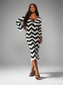 AiiRZ Long Sleeve Zig Zag Pattern Knit Sweater Dress Winter Fall V Neck Tie Front Bodycon Midi Length Holiday Party Evening Occasion - Black and White - View 1