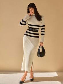 CLARA VERO Abito maglia dolcevita casual a righe nere e beige, morbido e confortevole - Bianco e nero - Visualizzare 7