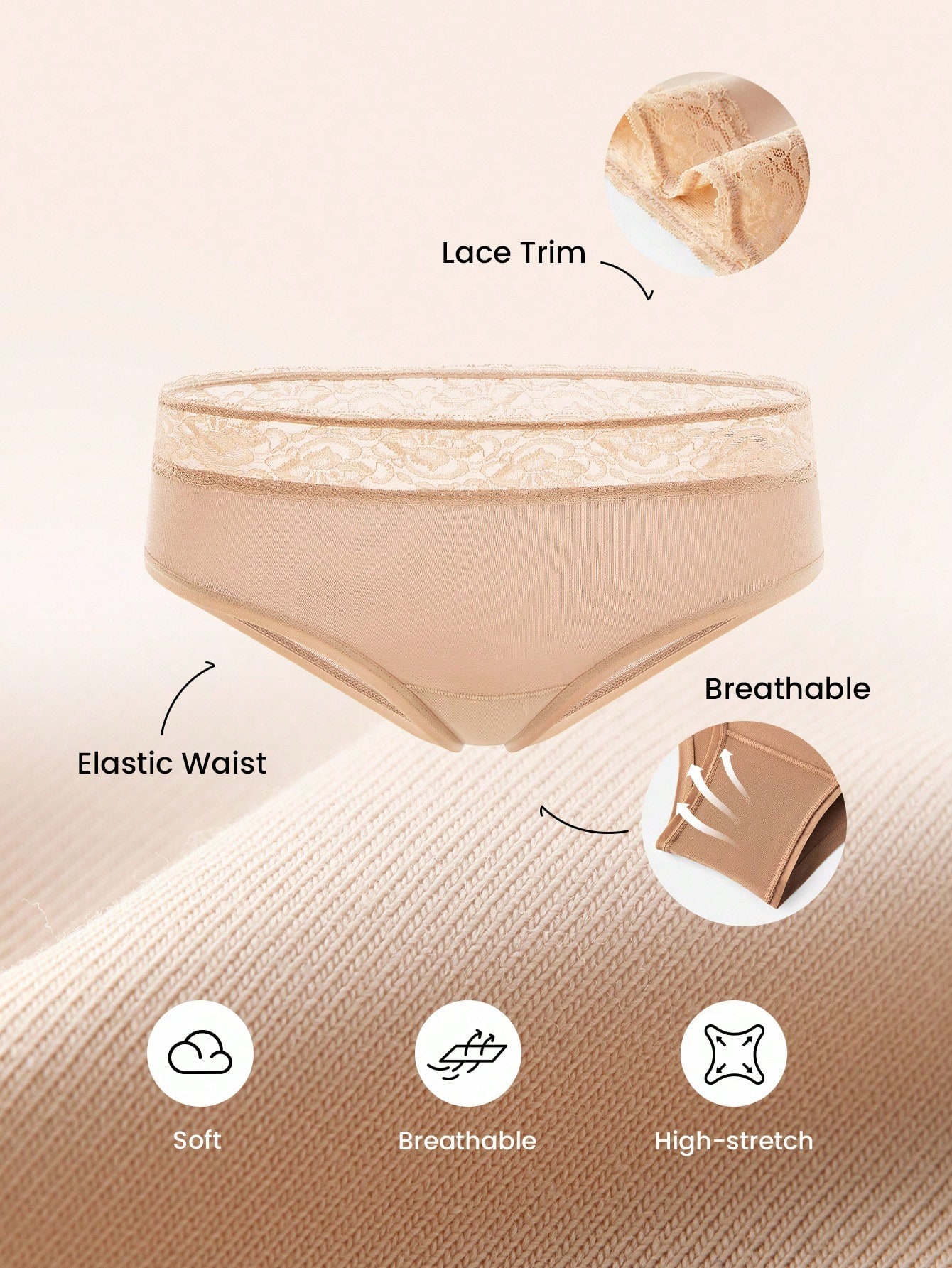 3er-Pack Spitzenbesatz Luftige Baumwolle Basis Lingerie Hüfthoch Cheeky Damen Unterwäsche Set - Erdtöne