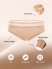 LUVLETTE 3 件装蕾丝边透气棉质基本款内衣中腰性感女士内衣内裤套装-大地色 - 彩色 - 查看 2