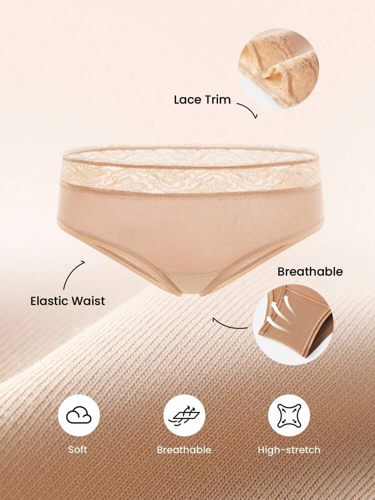 3-Pack Lace Trim Airy Cotton Basic Lingerie Mid-Waist Cheeky Women Underwear Panties Set-Earthy Tones
