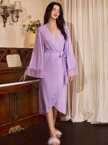Côtesoire 女士优雅法式荷叶边下摆浴袍 - 紫色 - 查看 4