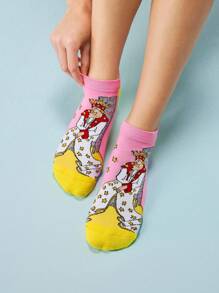 LE PETIT PRINCE X SHEIN 4 双柔软透气吸湿排汗休闲女士短袜时尚可爱卡通图案短袜加固脚趾和脚跟，适合所有季节，百搭，月亮和星星