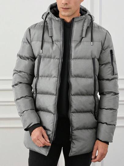 Men's Solid Color Long Sleeve Zip Front Drawstring Hooded Casual Winter Jacket