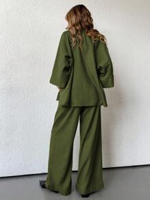 Aveloria Modichic 2 件套女士混纺侧开衩宽松衬衫和高腰阔腿裤优雅商务休闲女装 - 軍綠色 - 查看 3