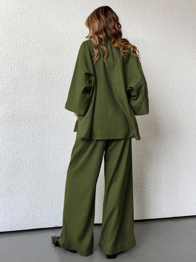 Aveloria Modichic 2 件套女士混纺侧开衩宽松衬衫和高腰阔腿裤优雅商务休闲女装 - 軍綠色 - 查看 3