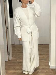 SHEIN ICON Cardigan casual de cor sólida, comprimento longo, bainha aberta e cinto, outono/inverno - Branco - Ver 5