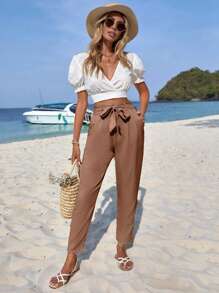 EURMUSE Solid Belted Carrot Pants - Khaki - View 5