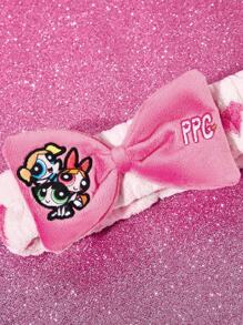 THE POWERPUFF GIRLS X SHEIN 1 件花朵、泡泡、毛茛刺绣柔软蝴蝶结头带，浴室和淋浴头带，适合洗脸和化妆，粉色发带 - 粉色 - 查看 6