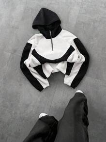 PAVTROS Áo hoodie màu tương phản có khóa kéo nửa tay thường ngày dài tay cho nam - Đen và trắng - Xem 2