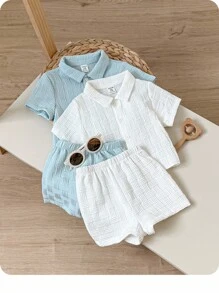 4pcs Baby Boy Set: Solid Color Lapel Short Sleeve Shirt And Elastic Waist Shorts - Blue and White - View 1