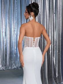 Glamrae Elegante Top Estilo Vintage Branca com Decoração de Pérolas Pregueadas, Amarração Ajustável nas Costas, Saia de Bainha de Sereia com Bordado de Pérolas Luxuoso, Adequado para Várias Ocasiões Formais como Casamentos (Bordado Pesado) - Bege - Visão 8