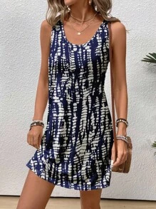 EMERY ROSE Casual Minimalistic Retro Blue & Apricot Color Abstract Pattern Print Loose Fit Summer Dress For Women Suitable For Going Out