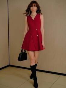 MOTF PREMIUM 斜领双排扣喇叭下摆连衣裙 - 紅色 - 查看 5