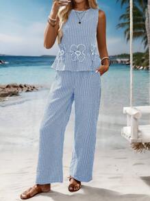 Sylviya 女士两件套夏季服装，适合度假穿着，包括外出上衣、度假套装、格纹夏季套装、沙滩装、夏季裤装、沙滩两件套等。 - 藍色 - 查看 3