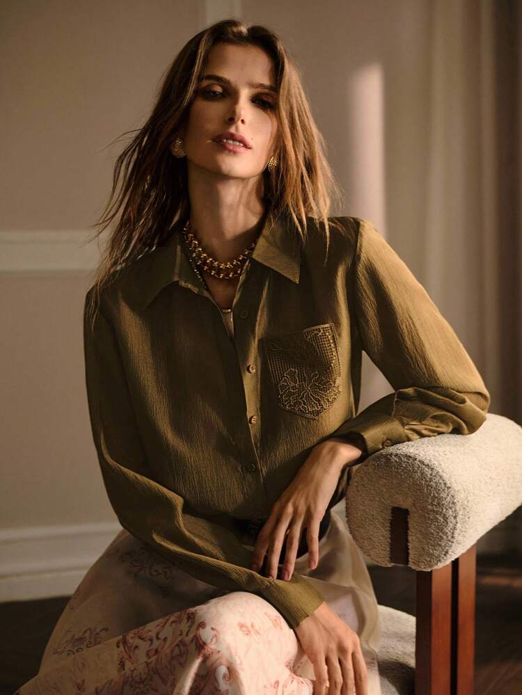 SOLID GUIPURE LACE PATCHED POCKET LONG SLEEVE SHIRT