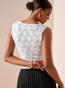 Zivah 2025年夏季新款性感白色蕾丝花卉3D提花修身短款背心，适合复活节、音乐节、日常穿着、派对、圣诞节、情人节、约会、海滩、游轮、狂欢节 - 白色 - 查看 2