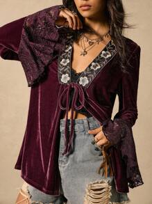 Easelle Vintage Nomadic V-Neck Tie-Up Rose Lace Patchwork Flare Sleeve Loose Women Thin Jacket Western Boho Bohemian Clothes For Women Women Western Wear Free People Witchy Clothes Boho Women S Western Wear Velvet Kimono Jacket Fall Clothes Women Lace Boho Top Velvet Boho Top Bohemian Tops For Women Boho Tops For Women Boho Blouses For Women, - Multicolor - View 1