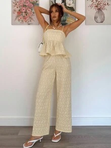 Siren Gaze 2件套女士休闲提花吊带背心上衣和裤子套装 - 卡其色 - 查看 2