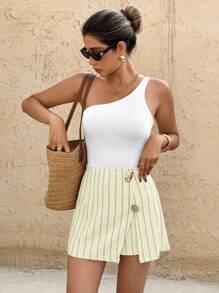 SHEIN Frenchy 女式条纹金属扣装饰休闲短裤 - 米色 - 查看 1