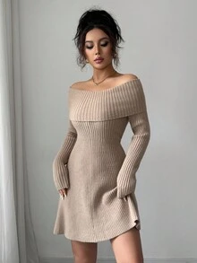 Elenzga Sexy Off-Shoulder Strickkleid mit Langarm, zierliches, elegantes A-Linien Bodycon-Kleid, das das Alter reduziert, für Herbst/Winter - Khaki - Übersicht 6
