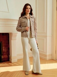 Omancia Women's Lace Patchwork Short Jacket, Elegant & Sophisticated, Suitable For Spring/Autumn, Back To School, Thanksgiving, Halloween, Long Sleeve Top, Y2K , Basic Australian Style Fall Winter Cloth For Women