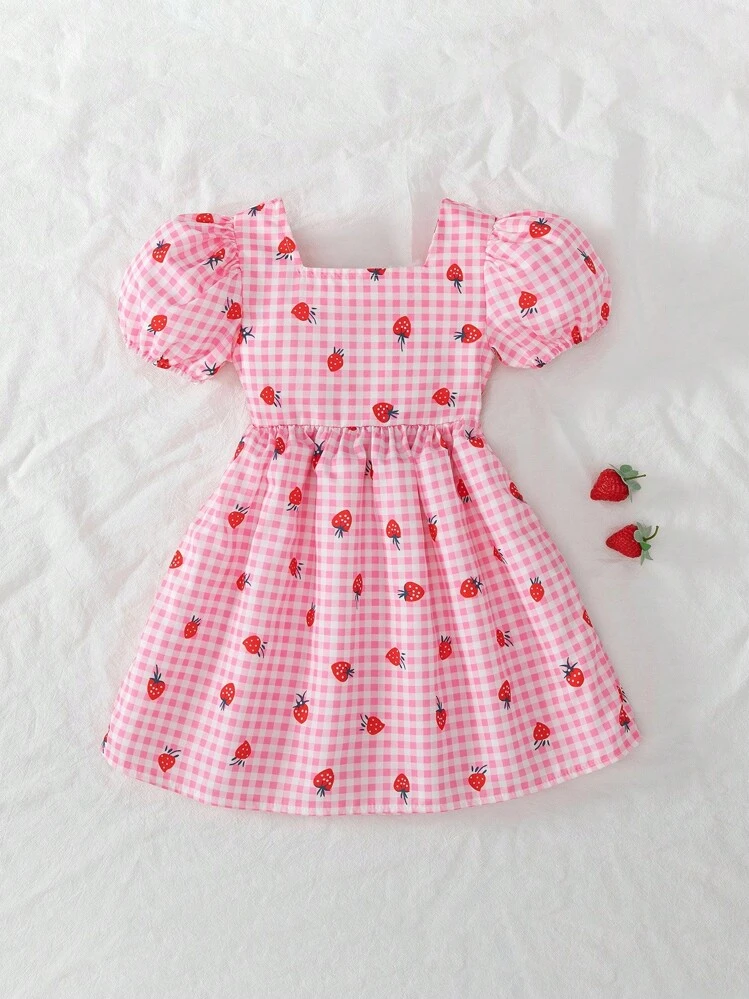 SHEIN Elladie kids Vestido de niña de unicolor dulce con mangas abullonadas y moño desmontable, ropa casual de vacaciones para el verano - Rosa - Añade 2