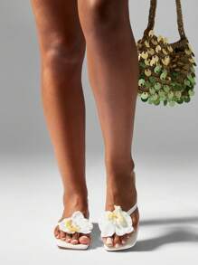 MISSGUIDED 夏季沙滩凉鞋优雅兰花装饰方头人字拖度假婚礼新娘平底拖鞋夏威夷假日休闲鞋