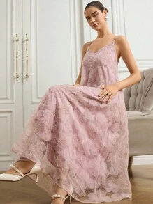 Aveloria Rosie 奢华小众亮片镂空花卉 3D 串珠刺绣连衣裙，女式长礼服 - 藕粉色 - 查看 2