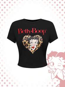 Betty Boop | ROMWE Women's Letter & Cartoon Figure Graphic Tight Cropped Round Neck Short Sleeve T-Shirt - Black - View 1