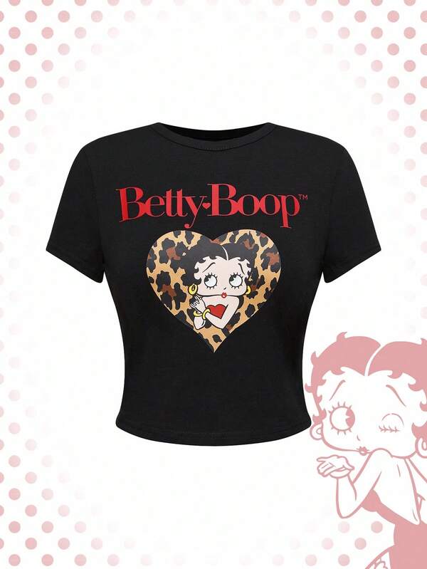 Betty Boop | ROMWE Spring/Summer Carnival Party Casual Graphic Black  Letter & Cartoon Figure Graphic Tight Cropped Round Neck Short Sleeve T-Shirt