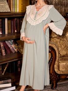 SHEIN Floral Embroidery Patchwork V-Neck Ruffle Trim Long Sleeve Maternity Nightgown, For Fall, Winter