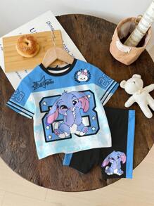 SHEIN Kawaii Cute Cartoon Blue Rabbit Lulu, Stitch Pattern, Fresh Sky Blue Tie-Dye, Street Sporty Vibe Number 23, Young Girl Casual Minimalist Short Sleeve Shorts 2 Piece Set Suitable For Summer, Vacay Vibes, Sunny Journey, Casual Outfits Spring, Summer Getaway, Momentos En Familia, Cute Y2K Coconut Girl Boho Vacation Springbreak Brunch-Ready Baby Blue Girls Trip, Neon Beach Vibes, Bohemian Hippie Music Festival