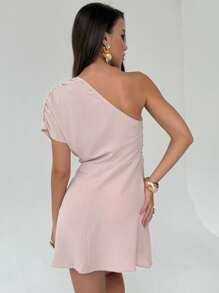 Aloruh Vestido Curto Minimalista Franzido de Ombro Único para Escritório e Transporte, Conjunto de Saída para Mulheres - Damasco - Visão 3