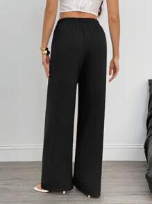 SHEIN Tall Quần ống rộng ống đứng màu trơn thoải mái, dễ mặc, có dây rút dùng hàng ngày cho nữ - màu đen - Xem 2