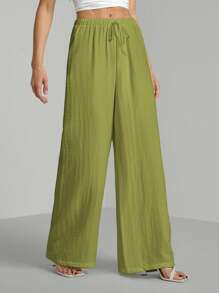 SHEIN Tall Loose Cotton Drawstring Waist Trousers In Textured Crinkle Fabric - Army Green - View 5