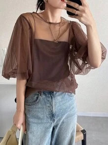 FRIFUL 女式纯棕色圆领泡泡袖透视网眼宽松休闲分层上衣 - 咖啡棕 - 查看 3