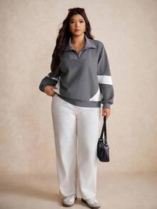 Elaquor Maglione oversize da donna casual e minimalista, in stile streetwear, con patchwork a contrasto di colore e lavorazione a nido d'ape, morbido e ampio, con mezza chiusura lampo, adatto per autunno/inverno - Grigio Scuro - Visualizzare 1