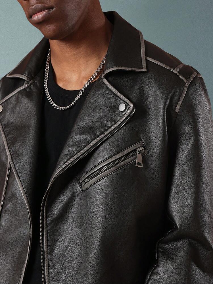 SUMWON Premium Motorcycle Style Biker Jacket Distressed Vintage Look Racing Moto Coat Zippered Multi Pocket Design All Season Fashion Statement Outerwear