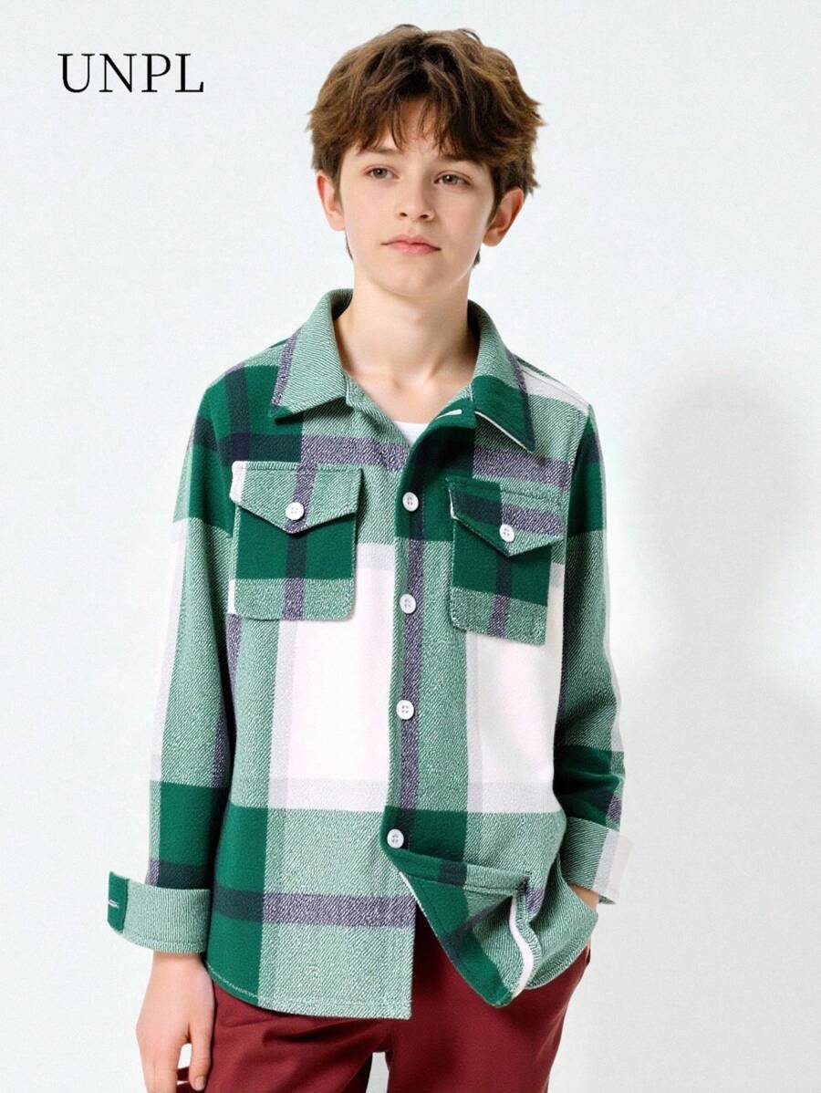 SHEIN Explorewe Tween Boy 多件装休闲简约时尚衬衫,日常穿着 - 綠色 - 查看 1