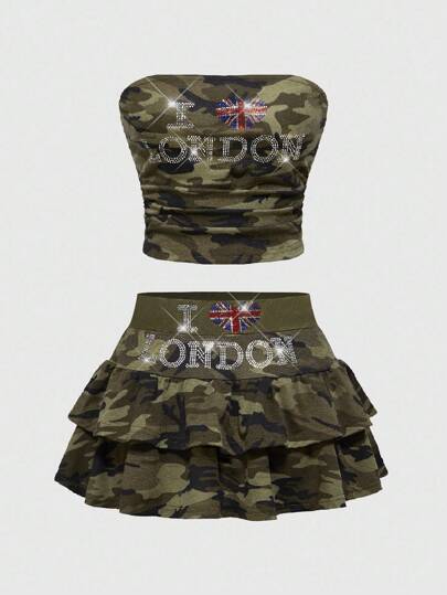 ROMWE Avant Y2K Baddie Abby Flag & English Rhinestone Camo Cropped Tube Top & Mini Skirt 2 Pieces Set