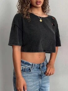 StreetHx Women's Distressed Washed Ripped Short Crew Neck Short Sleeve T-Shirt - Black - View 5