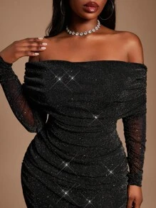 Radiana 大码女式秋冬、春夏优雅华丽迷人性感基本款亮片网眼面料露肩褶饰网眼紧身连衣裙，闪亮、闪亮、时尚，适合日常穿着派对礼服 - 黑色 - 查看 5