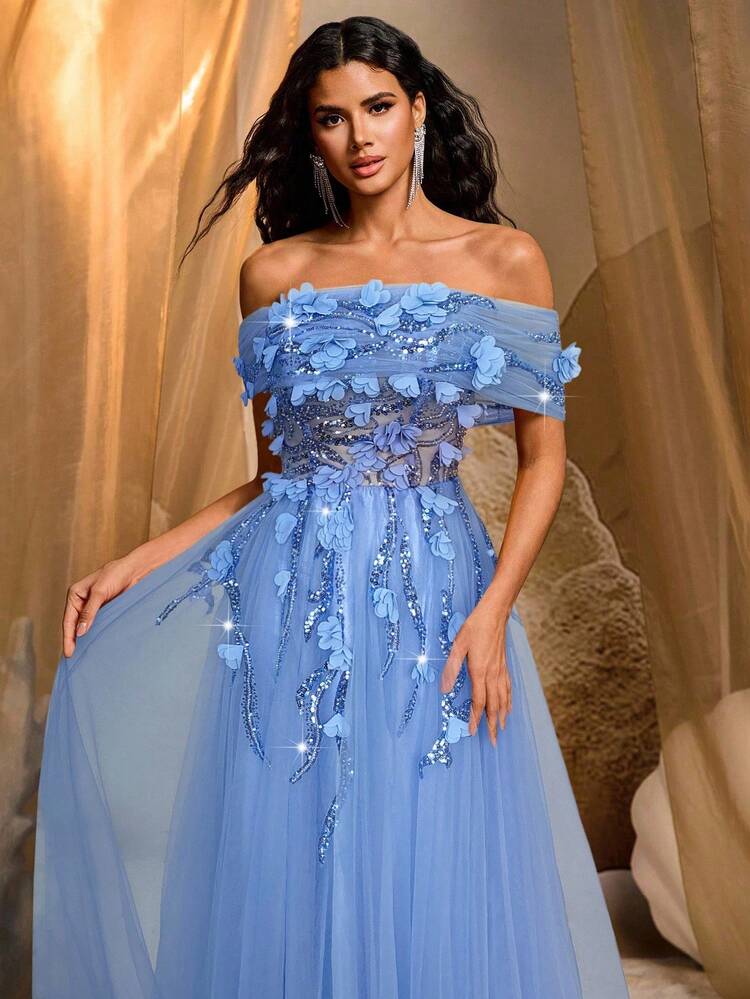 Glamrae Elegant Luxurious 3D Floral Embroidery Lace Patchwork Tulle Maxi Skirt, Suitable For Wedding, Party, Vacation, Ball Gown (Heavy Embroidery) - Blue - View 4