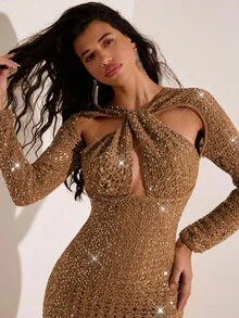 Opulessa Sexy Ausschnitt Vorne Langarm Paillettenkleid mit Struktur für Frauen, geeignet für den Urlaub