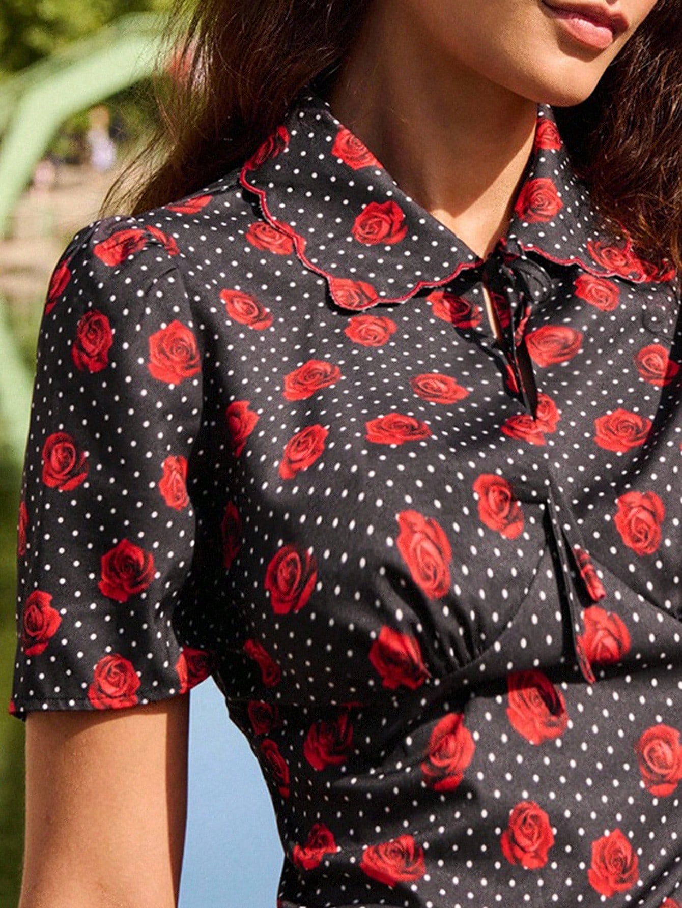 Fitted Midi Dress With Red Rose And Dot Print And Scalloped Tie Collar Teacher Dress Date Night Dress Going Out Dress Autumn Dress Spring Summer Dress