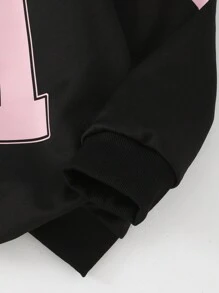 Tween Girls Spring/Autumn Casual Sweatsuit, Retro American Style Pink Numeric & English Letter Bow Print Knit Fabric Crew Neck Long Sleeve Sweatshirt Paired With Solid Pink Woven Fabric Fashionable Cargo Pants 2 Pieces Set, Suitable For Back To School, Daily Casual, Outdoor, Travel, Photography, Y2K Street Style Fall Winter