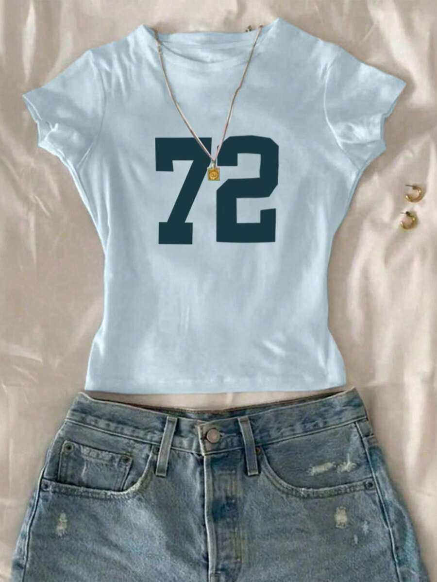 Sparklyn Girls' Cropped Fitted Top With 72 Numeric Print, Streetwear Casual Style, Suitable For Summer And Autumn Girls Number Shirt Baby Tee Woman Y2k Teen Girl Clothes Crop Top 2 Piece Set Teen Girl - Baby Blue - View 1
